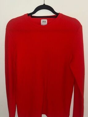 ZARA Neon Red/Orange Ribbed Crewneck Top